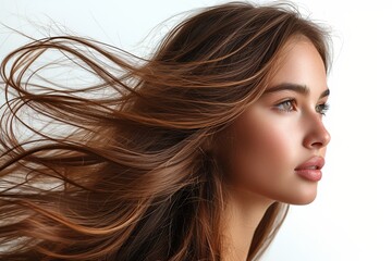 A portrait of a woman with smooth, long hair, showcasing elegance and haircare beauty.