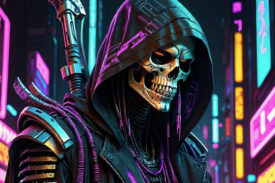 Futuristic cyberpunk death or grim reaper with vibrant neon armor and cyber enhancements.