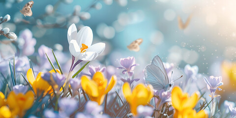 Yellow white crocuses bloom, spring sunny day in garden. Beautiful first flowers butterfly, backlit