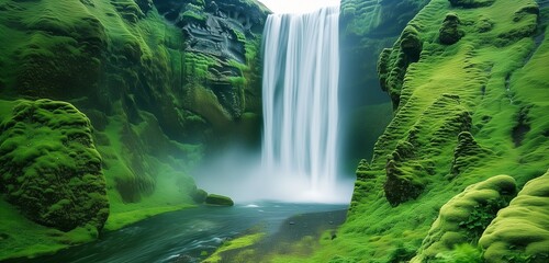 A long exposure captures the sheer power and beauty of Skogafoss waterfall, as its thundering waters plunge into a crystal-clear pool below, surrounded by moss-covered rocks and lush greenery. - Powered by Adobe