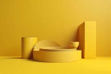 Yellow background, staged setting with podium for showcasing products. Digital 3D representation. Generative AI