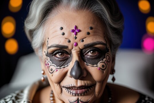 A close-up portrait of an elderly woman with skull makeup wearing a hat with traditional Mexican flowers. Halloween party, traditional Mexican carnival, Santa Muerte. El Día de Muertos. 