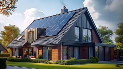 newly constructed homes with solar panels on the roof under a bright sky A close up of a brand new structure with dark solar panels. Zonneenergie, Zonnepanelen, Translation Sun Energy, solar panel - obrazy, fototapety, plakaty