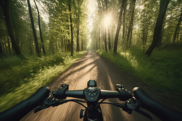 point of view of a cyclist riding through a sunny summer forest. pov bike cyclist Generative ai - obrazy, fototapety, plakaty