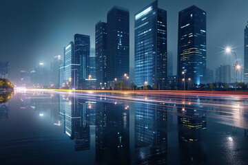 modern office buildings in hangzhou west lake square at night on view from empty street. Creative Banner. Copyspace image