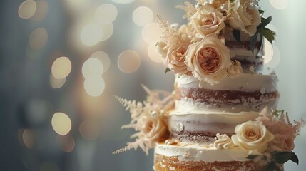 buttercream decorated naked wedding cake, bokeh background ivory and gold, floral decor