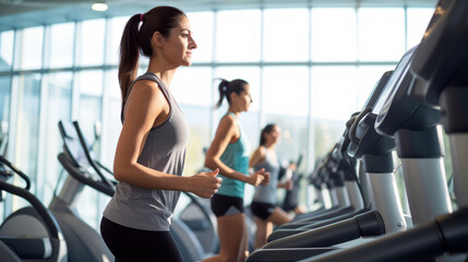 Focused women exercising on treadmills in a gym, with large windows and a bright, modern setting, depicting health and fitness. - obrazy, fototapety, plakaty