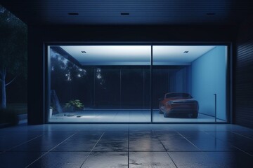 Nightly view of an open 3D garage door. Generative AI