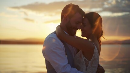 Serene Sunset Hug of a Happy Couple on the Beach AI Generated