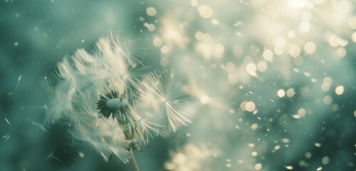 Abstract blur of dandelion seeds parachuting through the air, creating a dreamy, ethereal atmosphere.