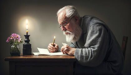 Senior man writing a letter to Santa Claus at home. Christmas concept.