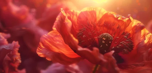 Zelfklevend Fotobehang Close-up captures the beauty of a red poppy flower, its petals delicately unfurling in HD. © Arbaz