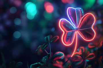 Neon light with clover leave. Saint Patrick's day background. - obrazy, fototapety, plakaty