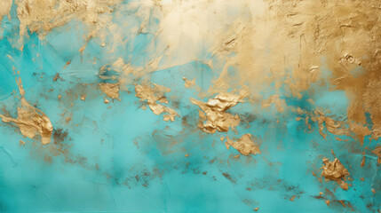 Abstract grunge textured background with gold and turquoise stains. Green blue and golden backdrop. Modern art