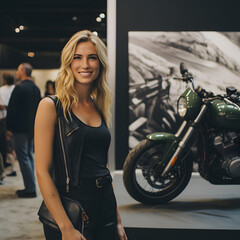 Fototapeta na wymiar Female Model with Motorcycle - Generative AI