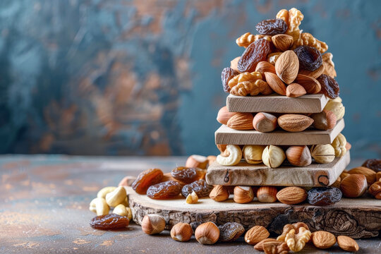 Beautiful Pyramid of Stacked Nuts and Dried Fruits. Creating a Pyramid Using Stacked Nuts and Dried Fruits and Photographing Its Allure. Combining Various Types of Healthy and Nutritious Nuts to Expre