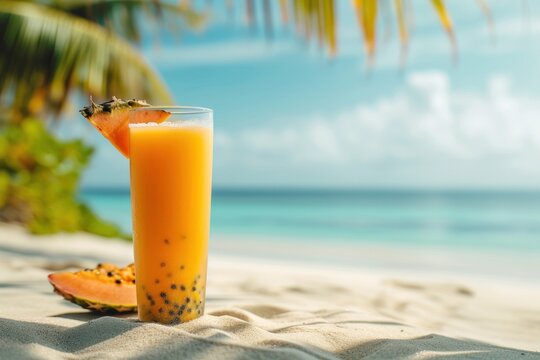 Tropical Papaya lassi or fruits juice on sunny beach under palm shadow. Freshness cold beverage made of yogurt, water, spices, fruits and ice. Popular beverage in Asia. Close up. Copy space.