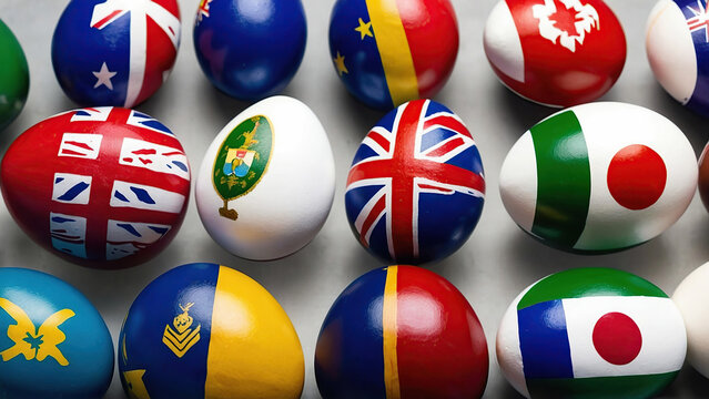 Easter eggs painted in the form of flags of different countries. Concept.