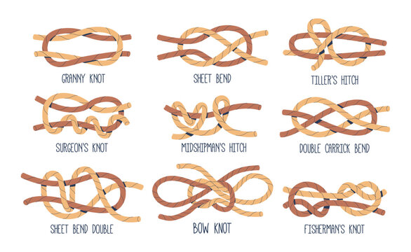 Sea Nodes Vector Set. Granny, Fisherman, Surgeons or Bow Knot, Sheet or Double Carrick Bend, Tillers or Midshipman Hitch