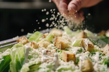 closeup of hand sprinkling croutons onto caesar salad - obrazy, fototapety, plakaty