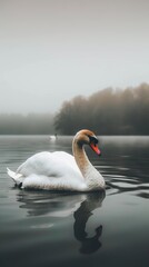 Graceful White Swan Floating on Calm Lake AI Generated.