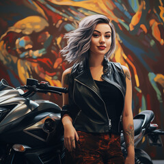 Obraz na płótnie Canvas Female Model with Motorcycle - Generative AI
