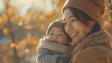 Obraz premium Close portrait of asian mother and child in traditions asian style