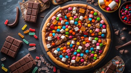 Dessert pizza with assorted candy and chocolate.
