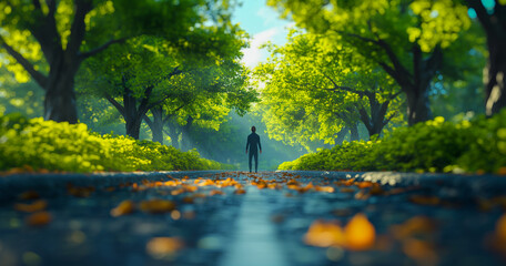 Happy man standing with his back on the road in front of trees travel tourism relaxation image generated by ai - Powered by Adobe