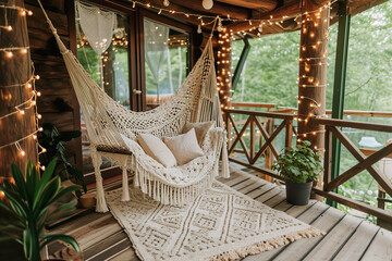 Cozy boho style porch with hammock and lights
