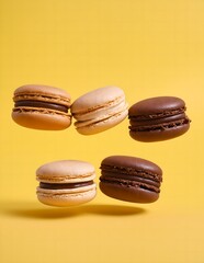Obraz na płótnie Canvas Group of Macarons, Sweet meringue-based confection French macarron isolated on a yellow background, generative AI 