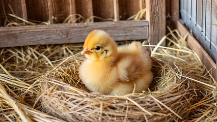little chicken hatching eggs in straw nest in chicken coop wooden table