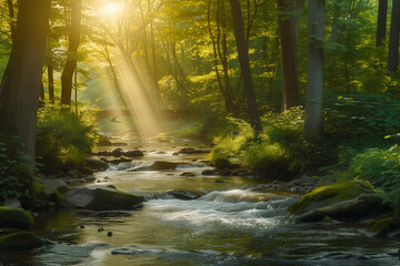 Enchanted Forest Retreat with Sunlight and Stream

 - obrazy, fototapety, plakaty