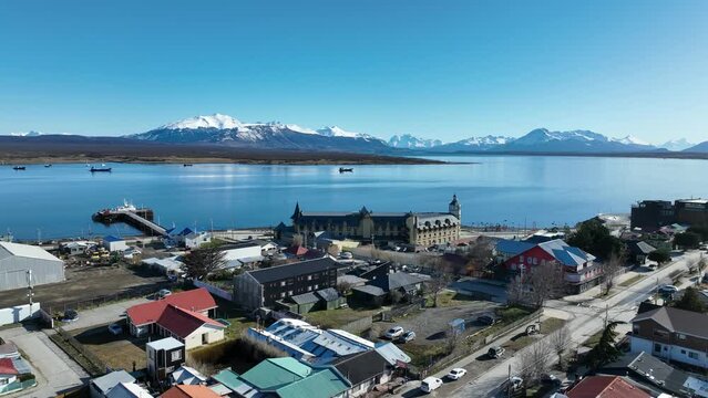 Coastal City At Puerto Natales Magallanes Region Chile. Cultural Heritage Puerto Natales Magallanes Region. Nature Tourism Icon Snow Covered Forest Trees.