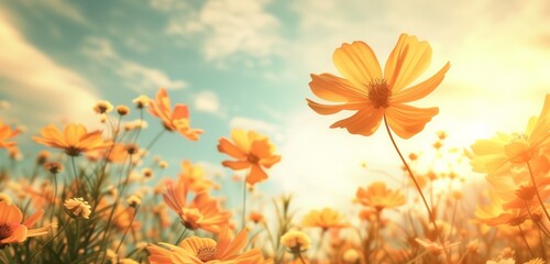 HD capture showcases a vintage landscape adorned with beautiful cosmos flowers, their vibrant...
