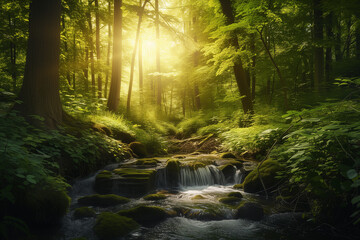 Fototapeta na wymiar Enchanted Forest Retreat with Sunlight and Stream