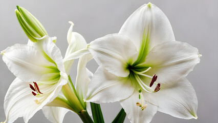 macro of white christmas flower amaryllis on light background graceful floral greeting card concept 