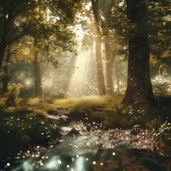 Obraz premium Enchanted Forest Retreat with Sunlight and Stream