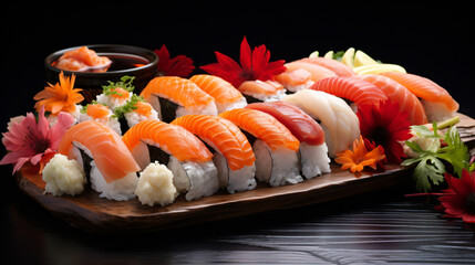 Traditional Japanese food: sushi, rice, and seafood.