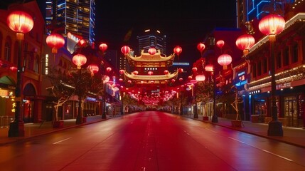 Fototapeta na wymiar Streets Aglow with Red: Chinese New Year's Eve Preparations Underway