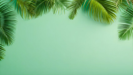 palm leaves texture overlay frame from tropical plants isolated on a soft green background. text copy space