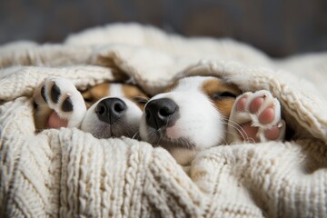 closeup of puppy paws and noses poking out of a blanket - obrazy, fototapety, plakaty