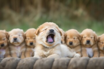 sleepy puppies in a row with one yawning big - obrazy, fototapety, plakaty