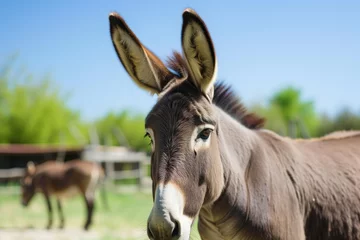 Schilderijen op glas portrait of donkey with long ears in a sunny pasture © primopiano