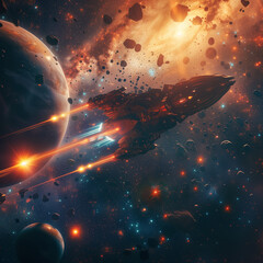 Cosmic Adventure Scene with Planets and Spaceship