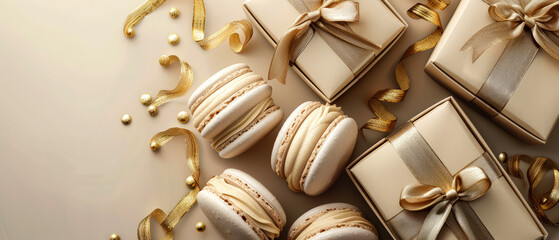 Luxury holidays background with gift boxes, beige macarons, sweets delicious, desserts, golden decoration. Pastry food mockup. flat lay. Generative ai
