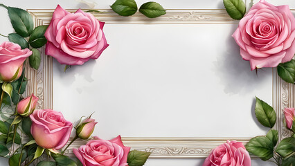 pink roses arranged in a frame with white paper background watercolor trending on artstation sharp focus. wedding frame, greeting card, birthday, Mother day, card. decoration card. pink roses bouquet