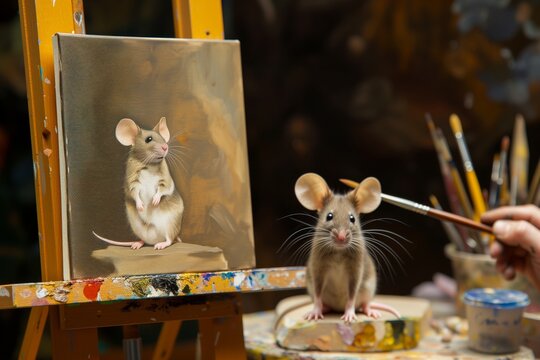 artist painting mouse portrait, subject posing on easel