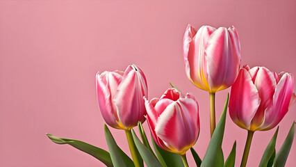 pink tulip flowers on the side of a pastel pink background with copy space. bouquet of tulips