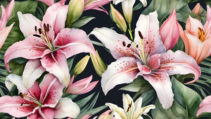 pretty floral wreath with pink flowers and white lilies watercolor trending on art station sharp focus - obrazy, fototapety, plakaty
